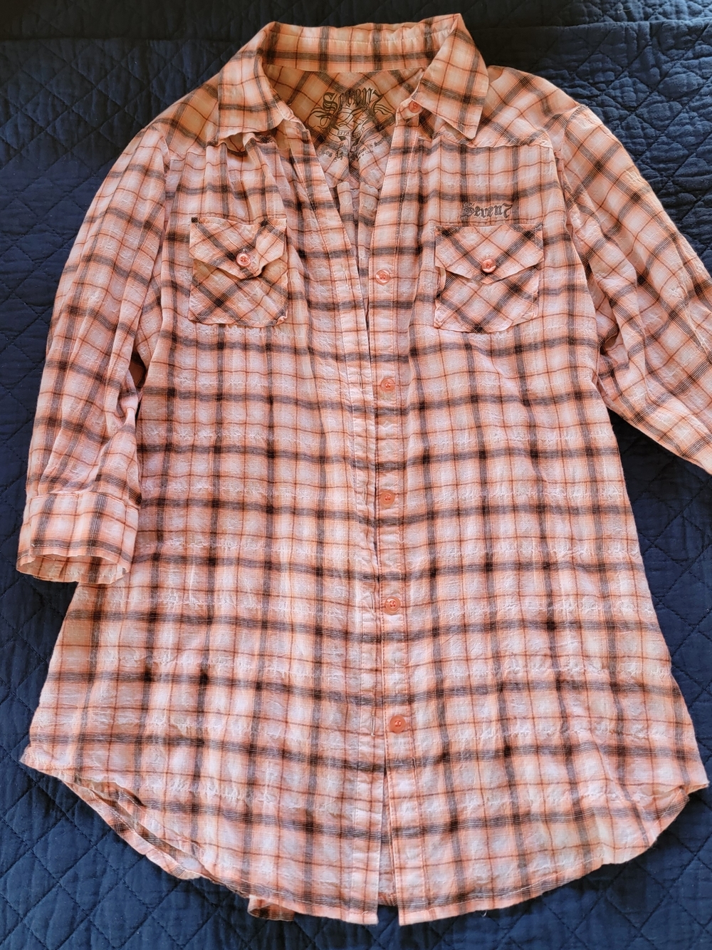 Seven7 Coral and White Plaid Button-Front Tunic